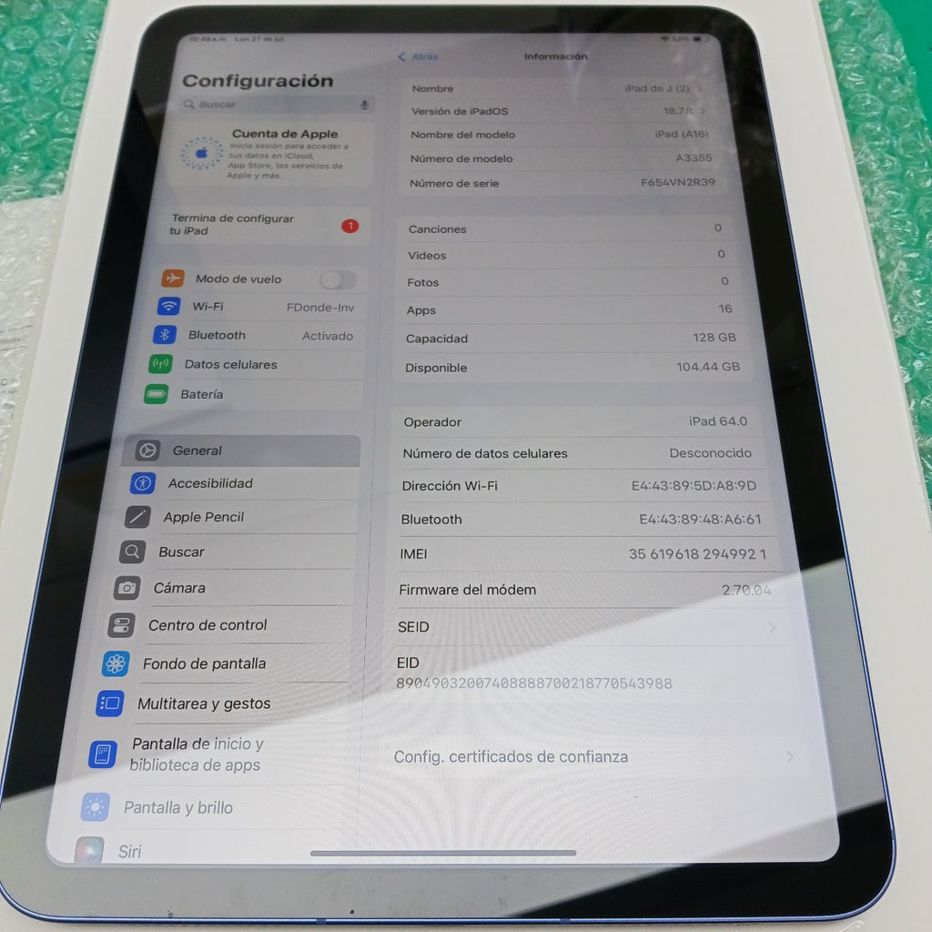 TABLETA APPLE IPAD A16 A3355 (2025) 128 GB 6 GB RAM (SEMINUEVO)