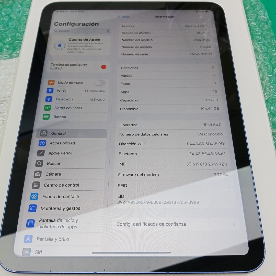 TABLETA APPLE IPAD A16 A3355 (2025) 128 GB 6 GB RAM (SEMINUEVO)
