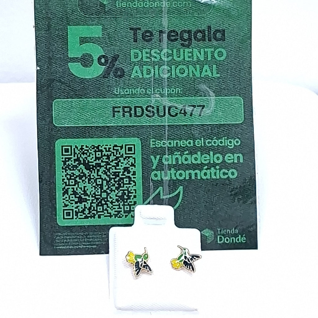 BROQUELES BROQUEL FIG COLIBRI ESMALTE VERDE 14K 0.2138 GR (NUEVO)