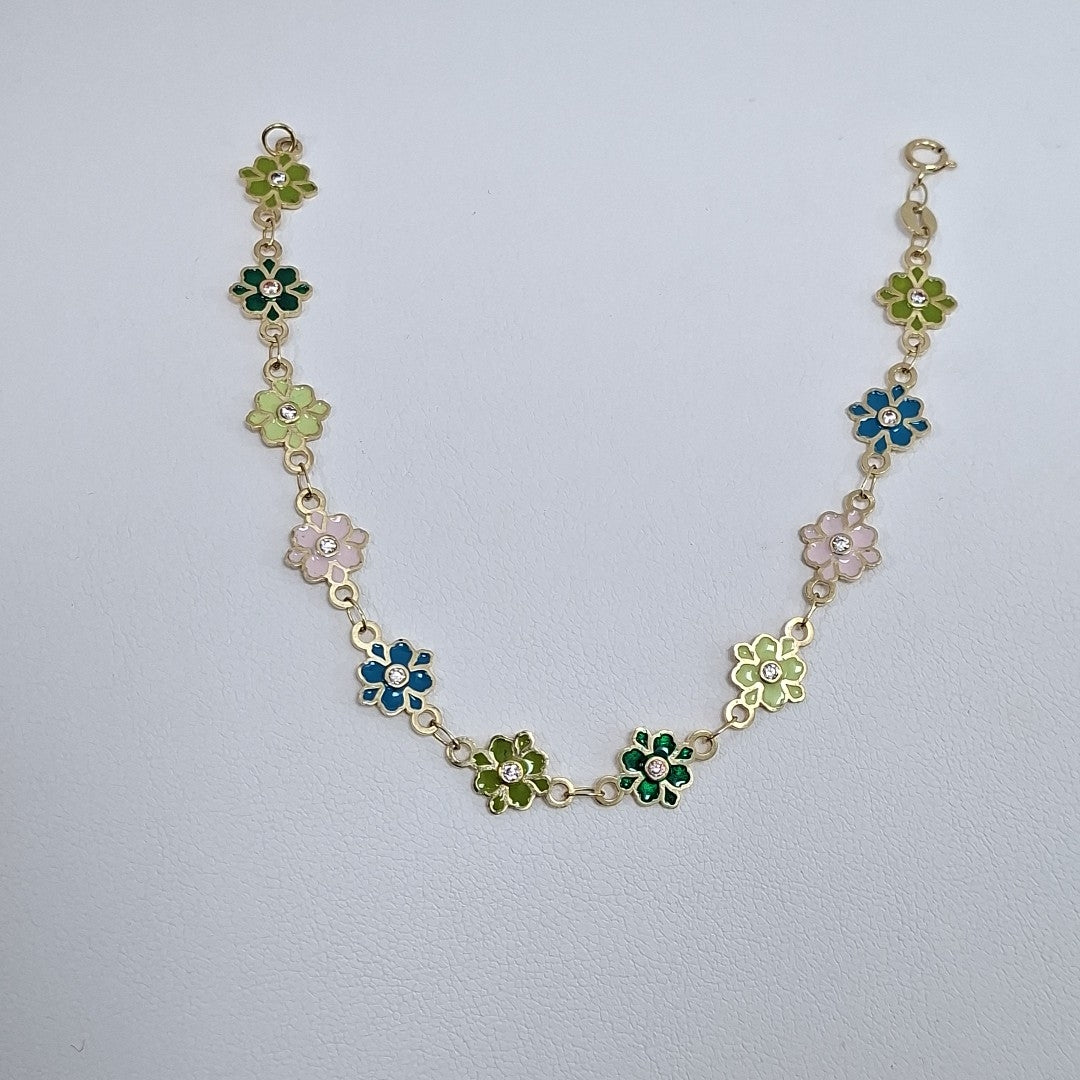 PULSERA ESPECIAL FLORES CON ESMALTE 14K 18 CM 4.8 GR (NUEVO)