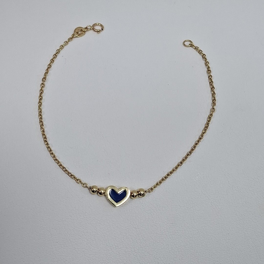 PULSERA TEJIDO ESPECIAL CON FIGURA CORAZON CON ESMALTE AZUL 14K 18 CM 2.2 GR (NUEVO)