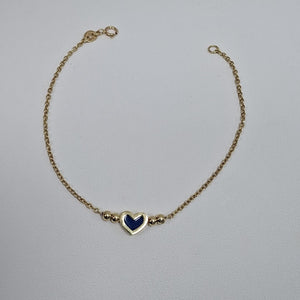 PULSERA TEJIDO ESPECIAL CON FIGURA CORAZON CON ESMALTE AZUL 14K 18 CM 2.2 GR (NUEVO)