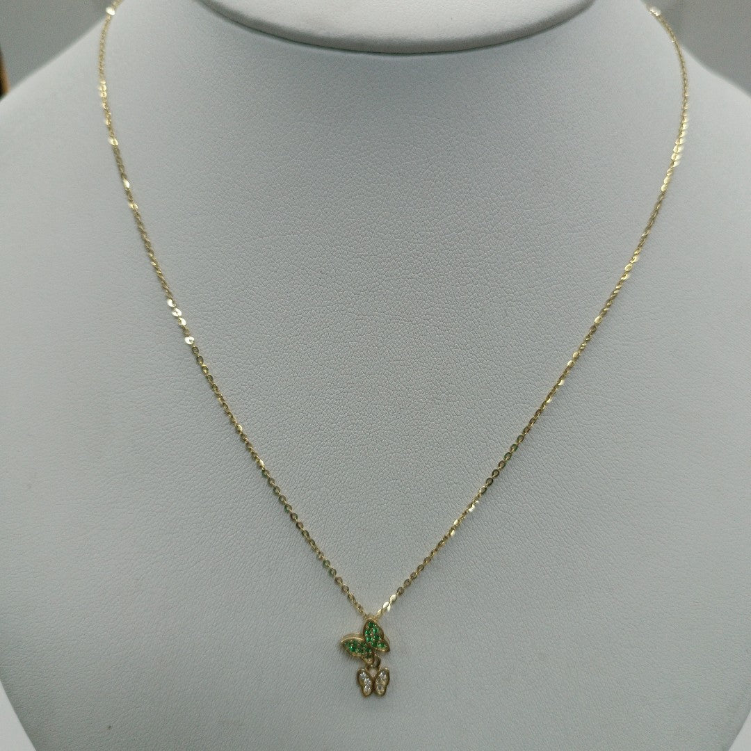 CADENA TEJIDO GARGANTILLA CON DIJE MARIPOSAS CIRCONIAS Y PIEDRAS DE COLOR 14K 45 CM 1.9 GR (NUEVO)