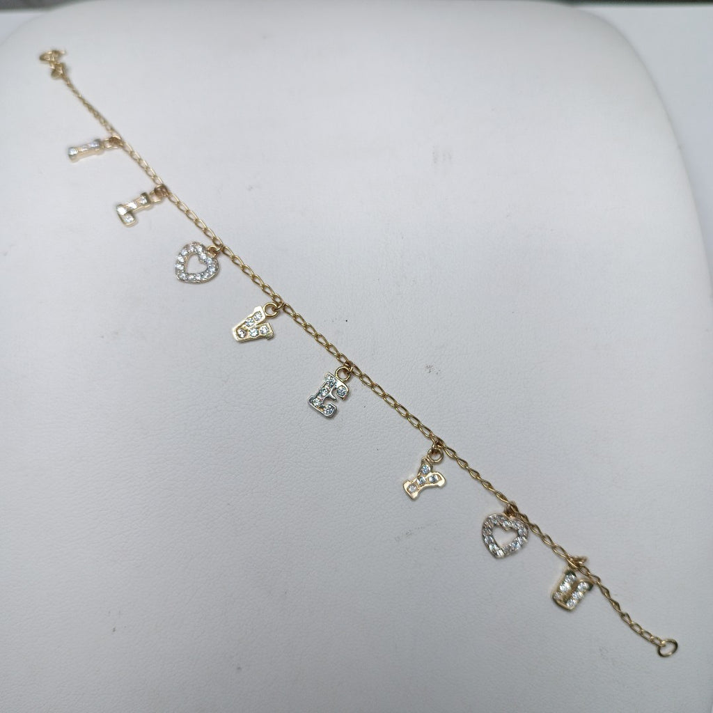 PULSERA ESPECIAL CON DIJES Y CIRCONIAS 14K 18 CM 3.3 GR (NUEVO)