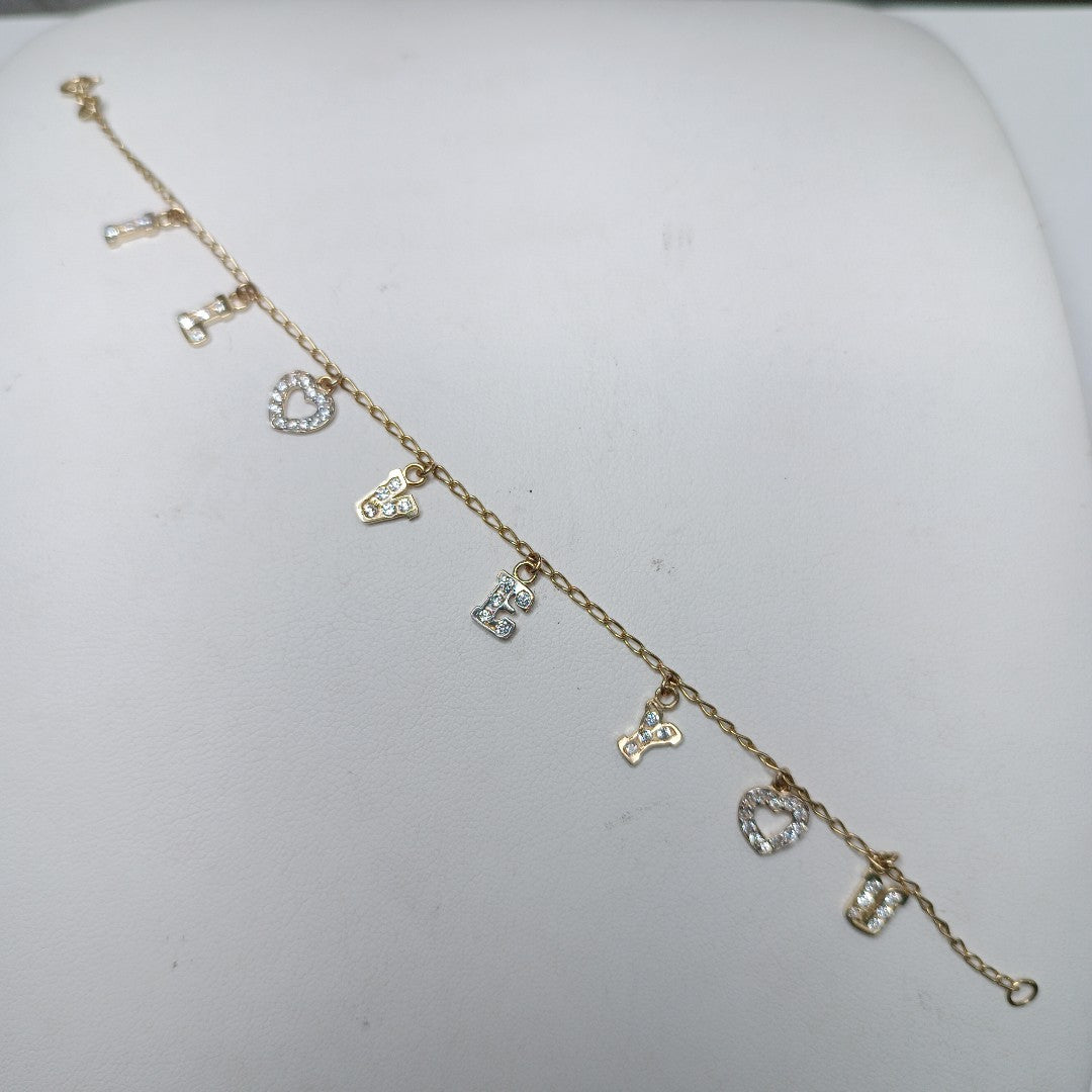 PULSERA ESPECIAL CON DIJES Y CIRCONIAS 14K 18 CM 3.3 GR (NUEVO)