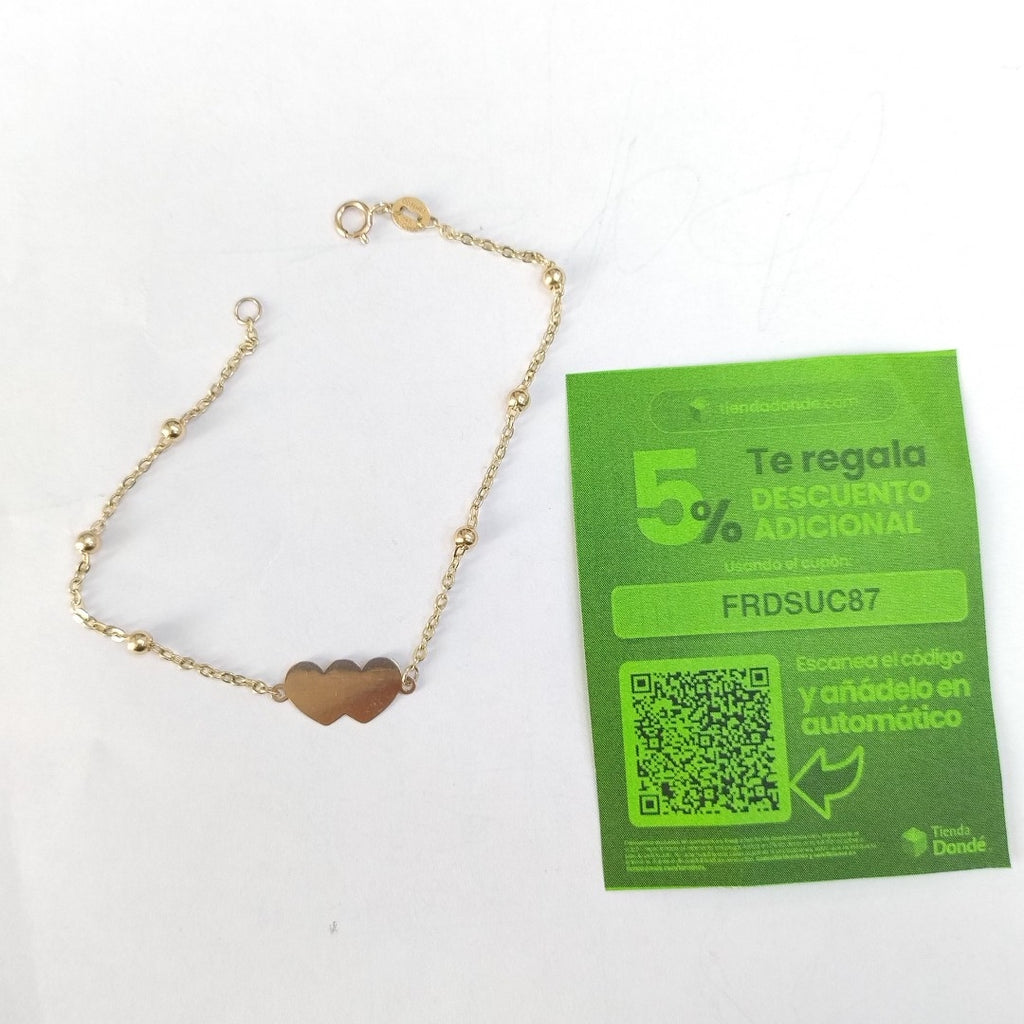 PULSERA TEJIDO ESPECIAL CON DOS CORAZONES 14K 18 CM 1.7 GR (NUEVO)