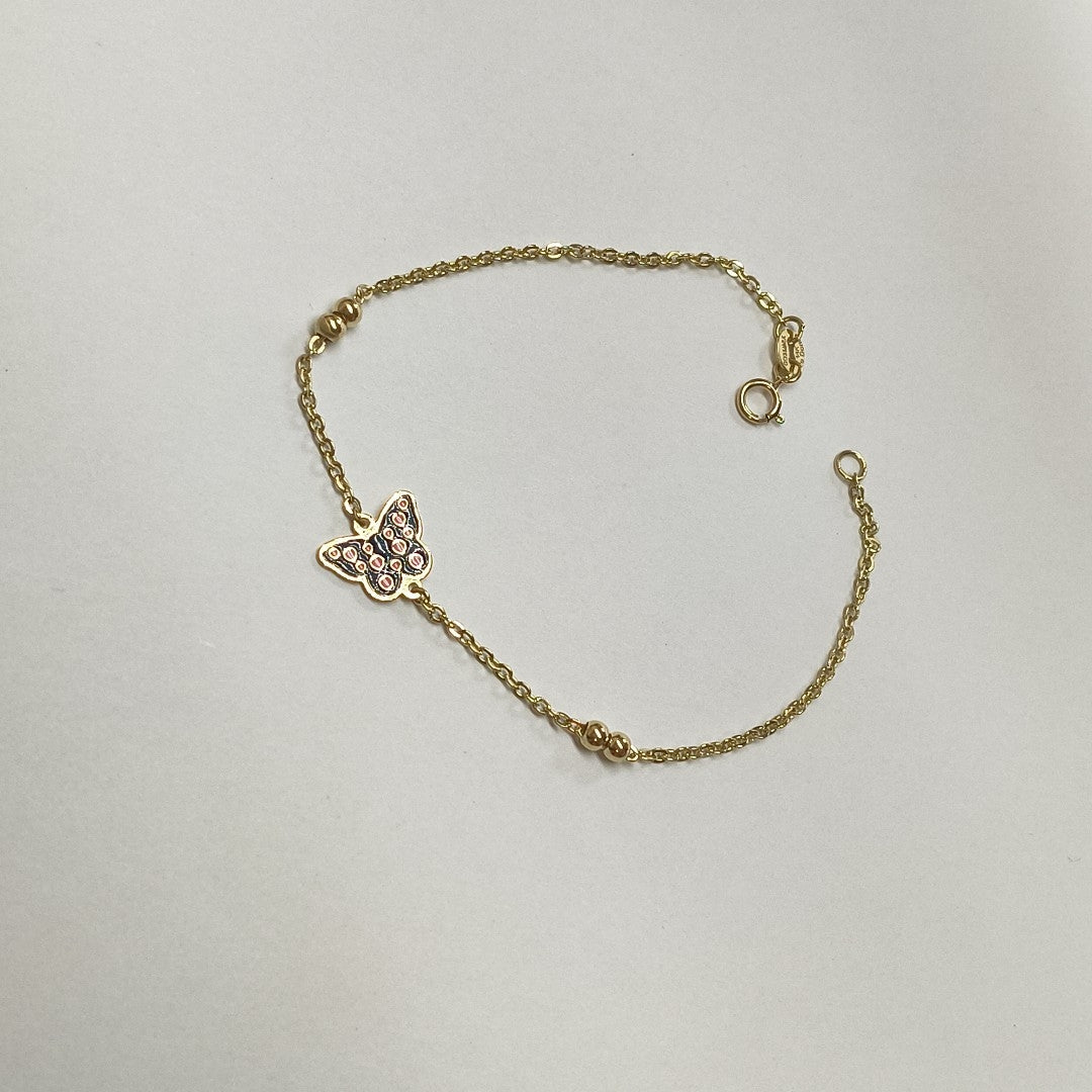 PULSERA TEJIDO ESPECIAL MARIPOSA CON ESMALTE 14K 18 CM 1.9 GR (NUEVO)