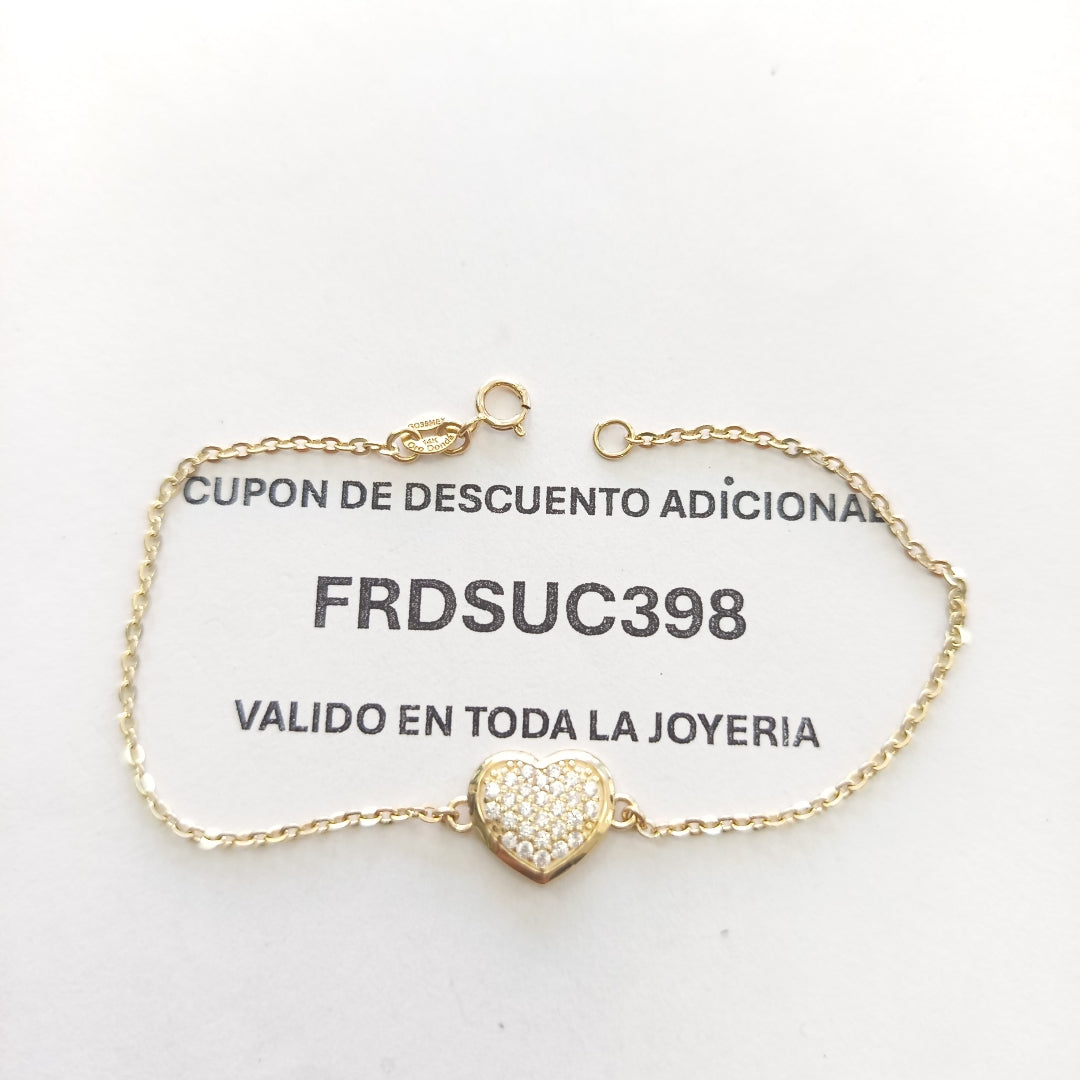 PULSERA TEJIDO ESPECIAL C CORAZON CIRCONIAS 14K 18 CM 2 GR (NUEVO)