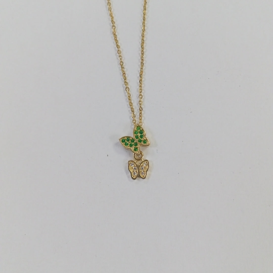 CADENA TEJIDO GARGANTILLA CON DIJE MARIPOSAS CIRCONIAS Y PIEDRAS DE COLOR 14K 45 CM 2 GR (NUEVO)