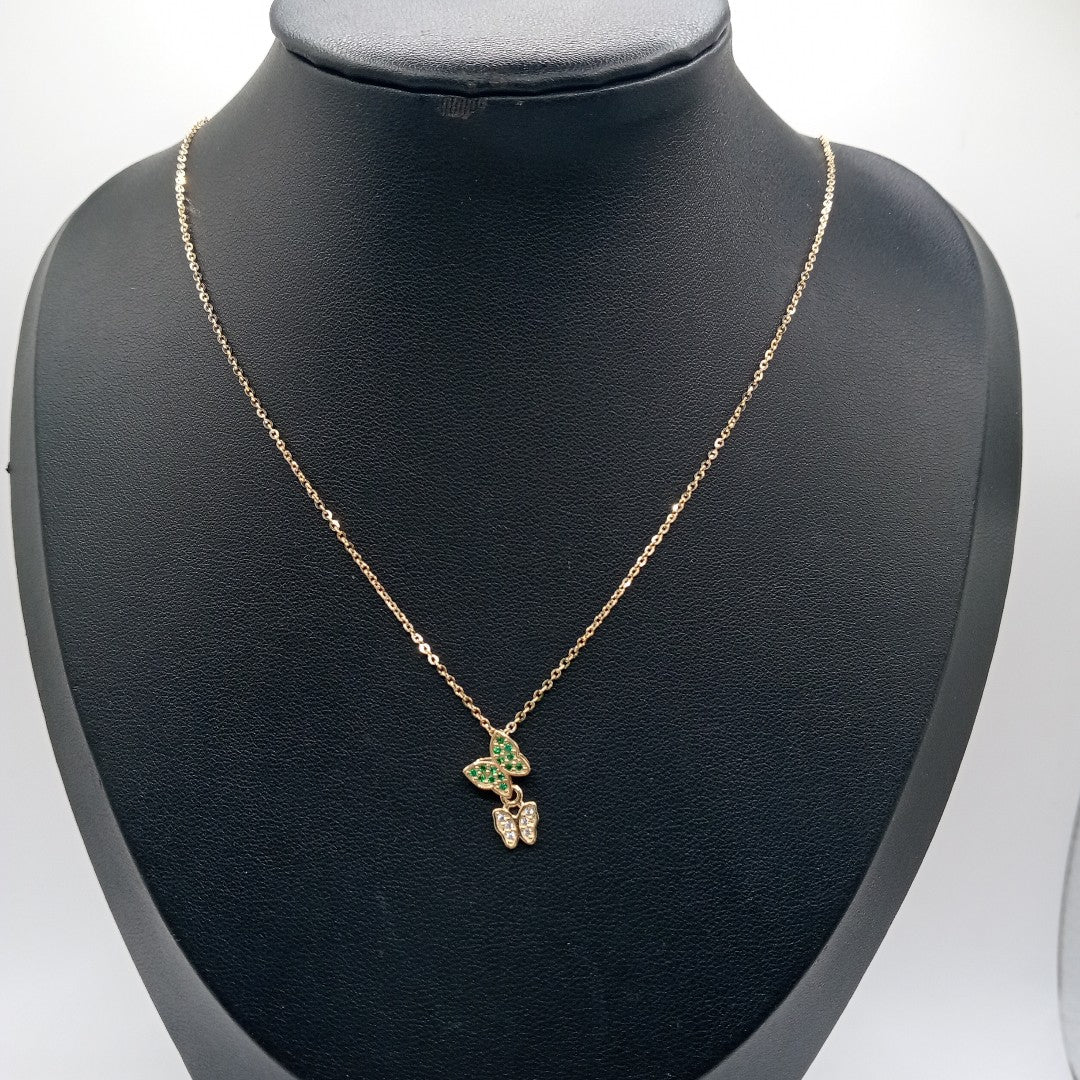CADENA TEJIDO GARGANTILLA CON DIJE MARIPOSAS CIRCONIAS Y PIEDRAS DE COLOR 14K 45 CM 2 GR (NUEVO)