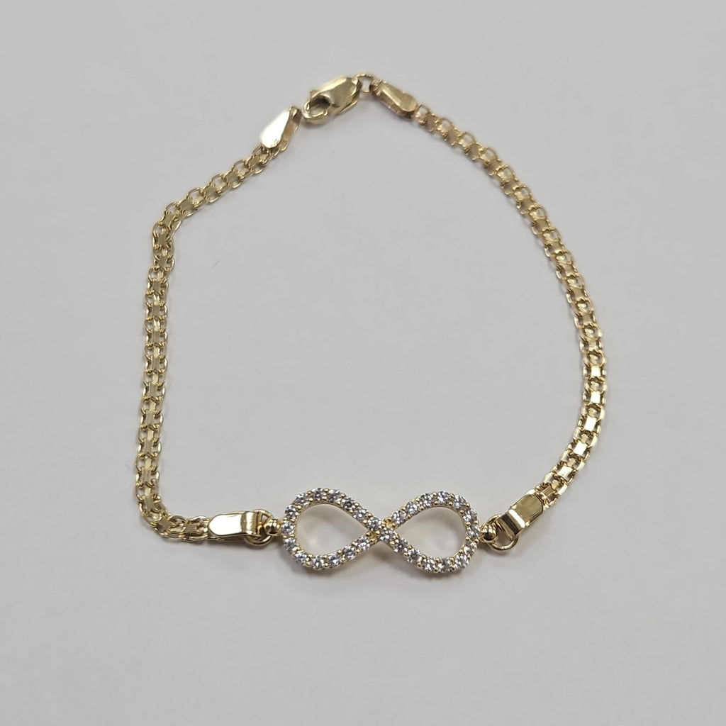 PULSERA TEJIDO ESPECIAL CON INFINITO Y CIRCONIAS 14K 18 CM 3.4 GR (NUEVO)
