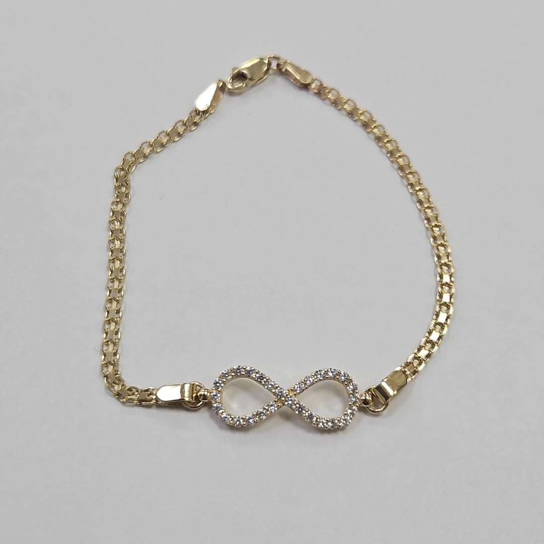PULSERA TEJIDO ESPECIAL CON INFINITO Y CIRCONIAS 14K 18 CM 3.4 GR (NUEVO)