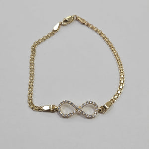 PULSERA TEJIDO ESPECIAL CON INFINITO Y CIRCONIAS 14K 18 CM 3.4 GR (NUEVO)