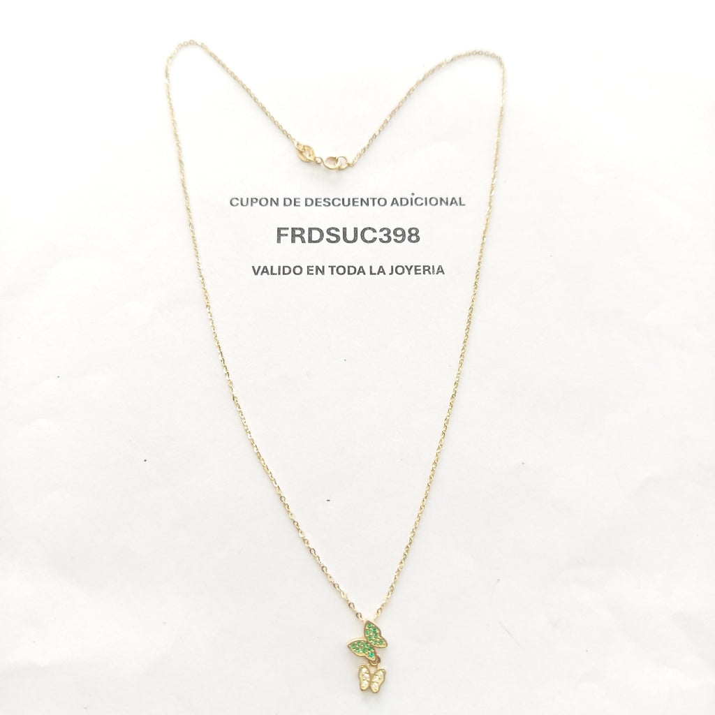 CADENA TEJIDO GARGANTILLA CON DIJE MARIPOSAS CIRCONIAS Y PIEDRAS DE COLOR 14K 45 CM 1.9 GR (NUEVO)