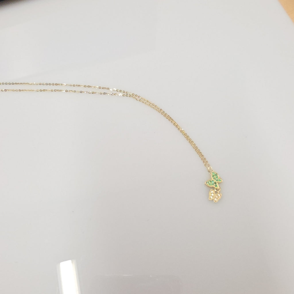 CADENA TEJIDO GARGANTILLA CON DIJE MARIPOSAS CIRCONIAS Y PIEDRAS DE COLOR 14K 45 CM 2 GR (NUEVO)