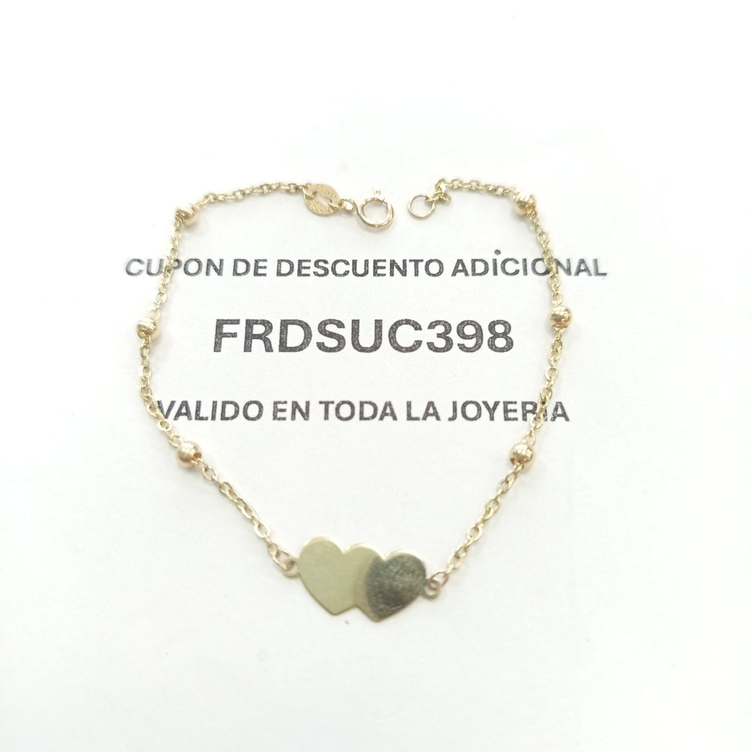 PULSERA TEJIDO ESPECIAL CON DOS CORAZONES 14K 18 CM 1.7 GR (NUEVO)