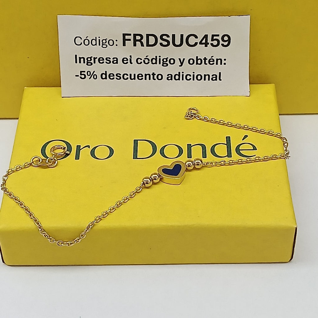 PULSERA TEJIDO ESPECIAL CON FIGURA CORAZON CON ESMALTE AZUL 14K 18 CM 1.9 GR (NUEVO)