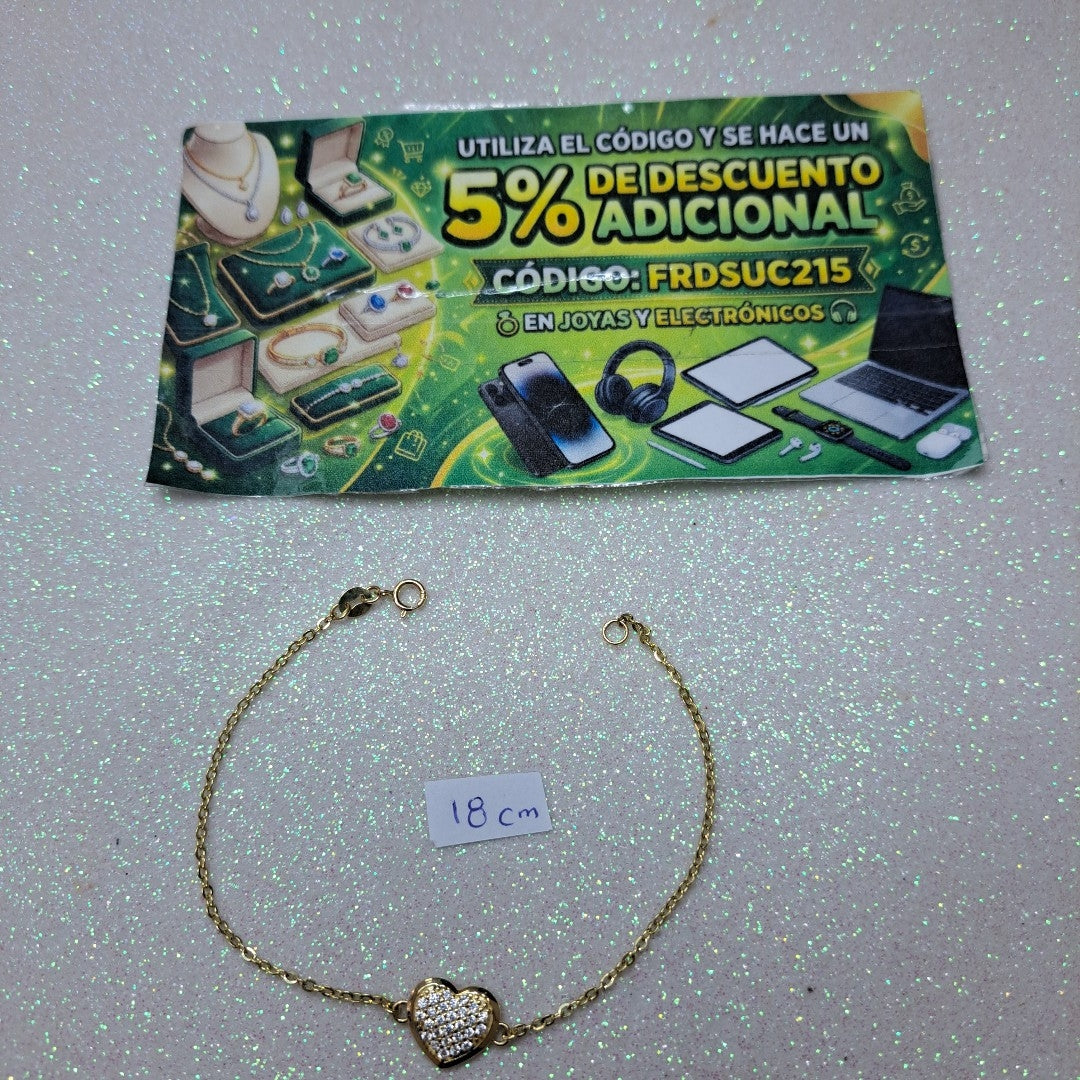 PULSERA TEJIDO ESPECIAL C CORAZON CIRCONIAS 14K 18 CM 2.1 GR (NUEVO)