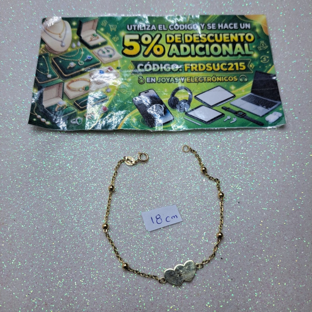 PULSERA TEJIDO ESPECIAL CON DOS CORAZONES 14K 18 CM 1.7 GR (NUEVO)