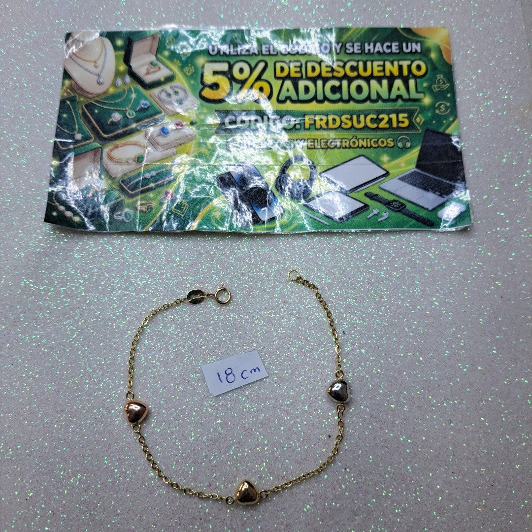 PULSERA ESP CON CORAZONES COMBINADOS 14K 18 CM 1.5 GR (NUEVO)