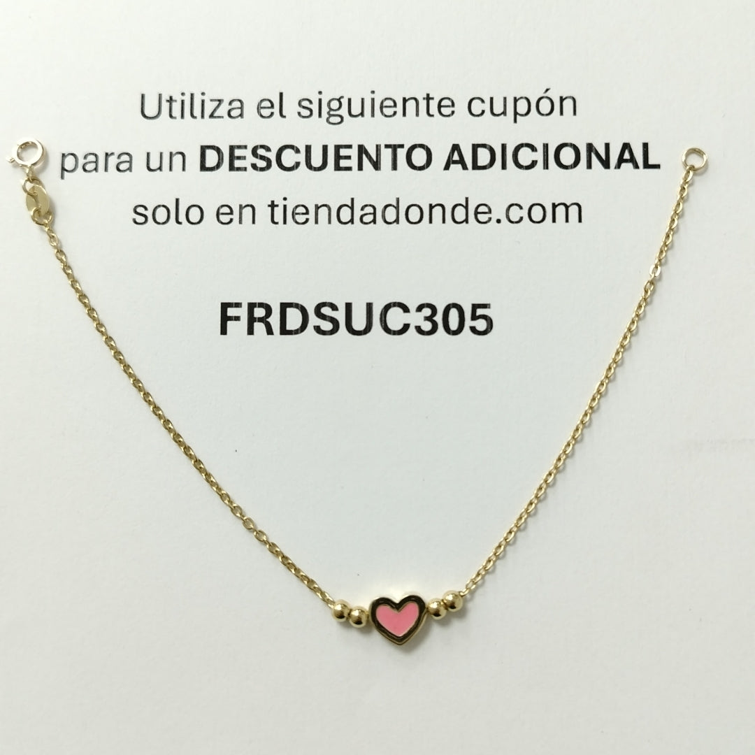 PULSERA TEJIDO ESPECIAL CON FIGURA CORAZON CON ESMALTE ROSA 14K 18 CM 1.9 GR (NUEVO)