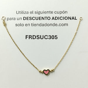 PULSERA TEJIDO ESPECIAL CON FIGURA CORAZON CON ESMALTE ROSA 14K 18 CM 1.9 GR (NUEVO)