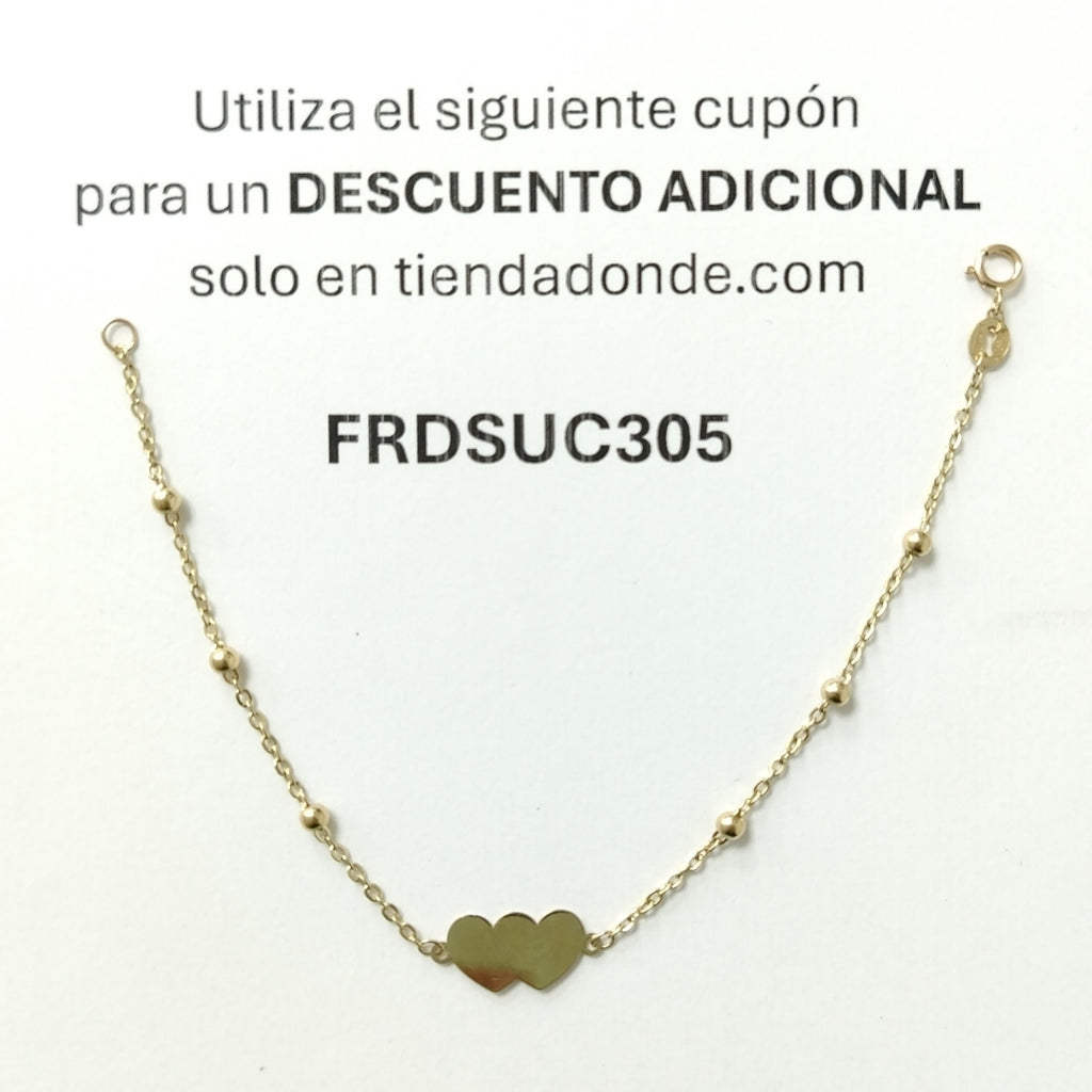 PULSERA TEJIDO ESPECIAL CON DOS CORAZONES 14K 18 CM 1.7 GR (NUEVO)