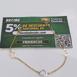 PULSERA ESPECIAL CON CORAZONES CONBINADOS 14K 18 CM 1.7 GR (NUEVO)