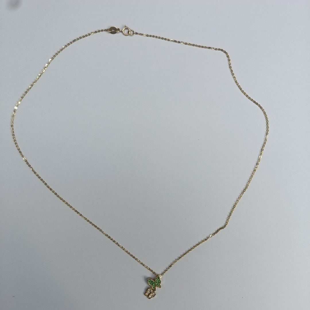 CADENA TEJIDO GARGANTILLA CON DIJE MARIPOSAS CIRCONIAS Y PIEDRAS DE COLOR 14K 45 CM 1.9 GR (NUEVO)