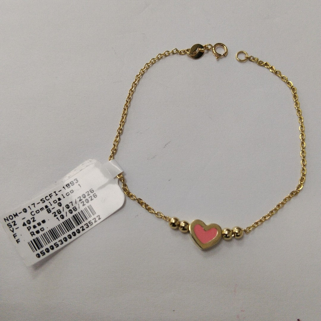 PULSERA TEJIDO ESPECIAL CON FIGURA CORAZON CON ESMALTE ROSA 14K 18 CM 2.1 GR (NUEVO)