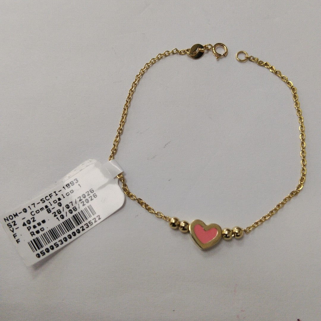 PULSERA TEJIDO ESPECIAL CON FIGURA CORAZON CON ESMALTE ROSA 14K 18 CM 2.1 GR (NUEVO)