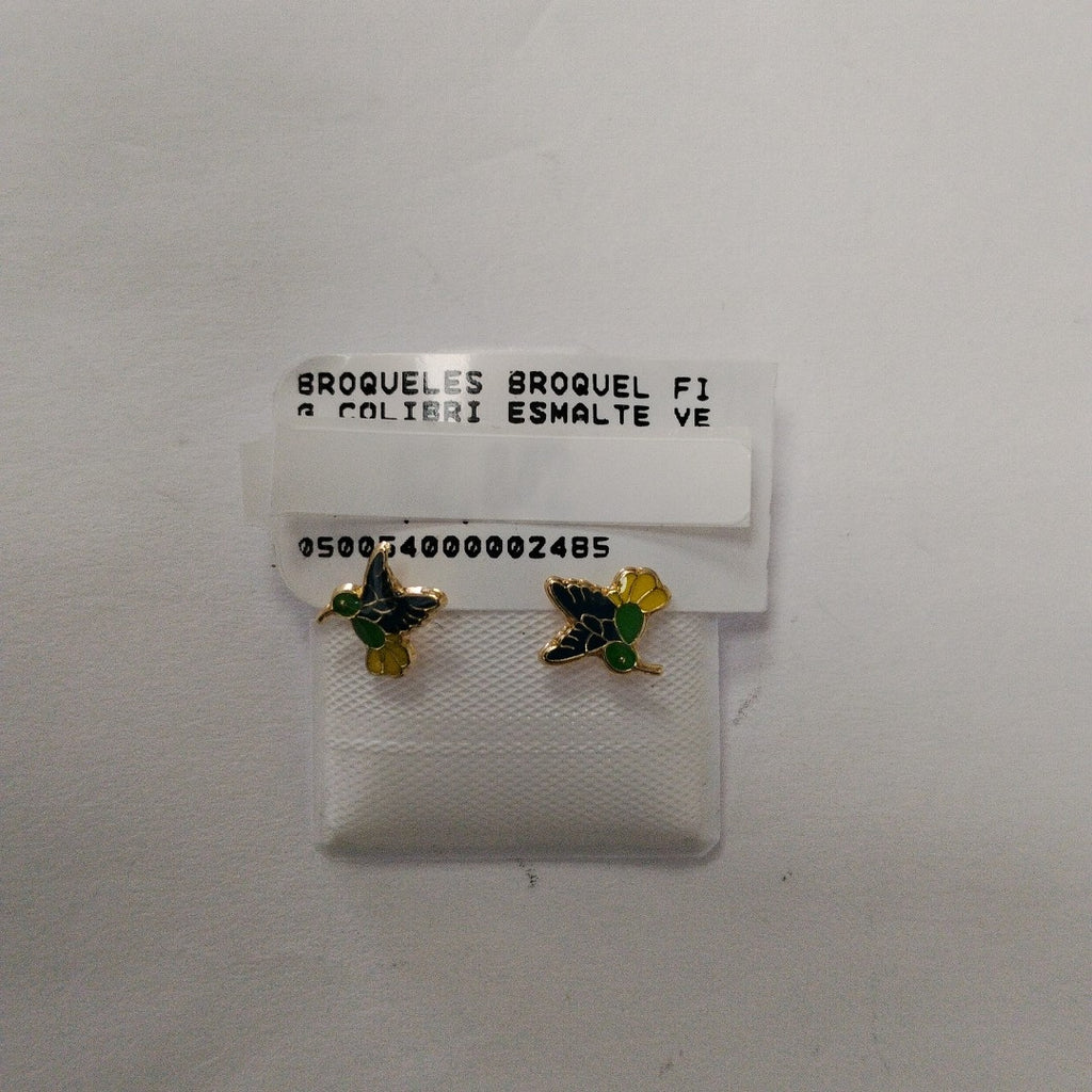BROQUELES BROQUEL FIG COLIBRI ESMALTE VERDE 14K 0.2138 GR (NUEVO)