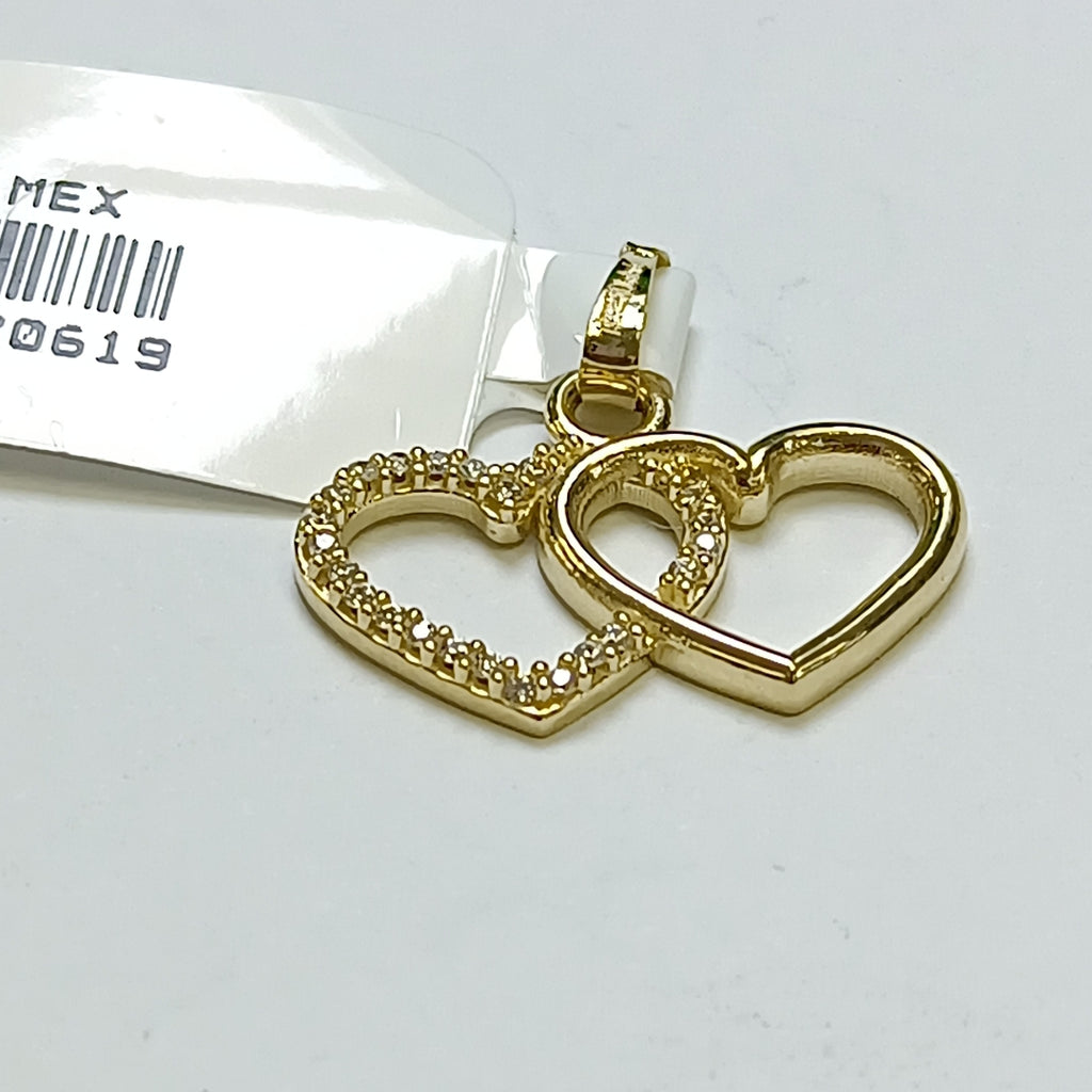 DIJE TEJIDO DOS CORAZONES CON CIRCONIAS 14K 1.4 GR (NUEVO)