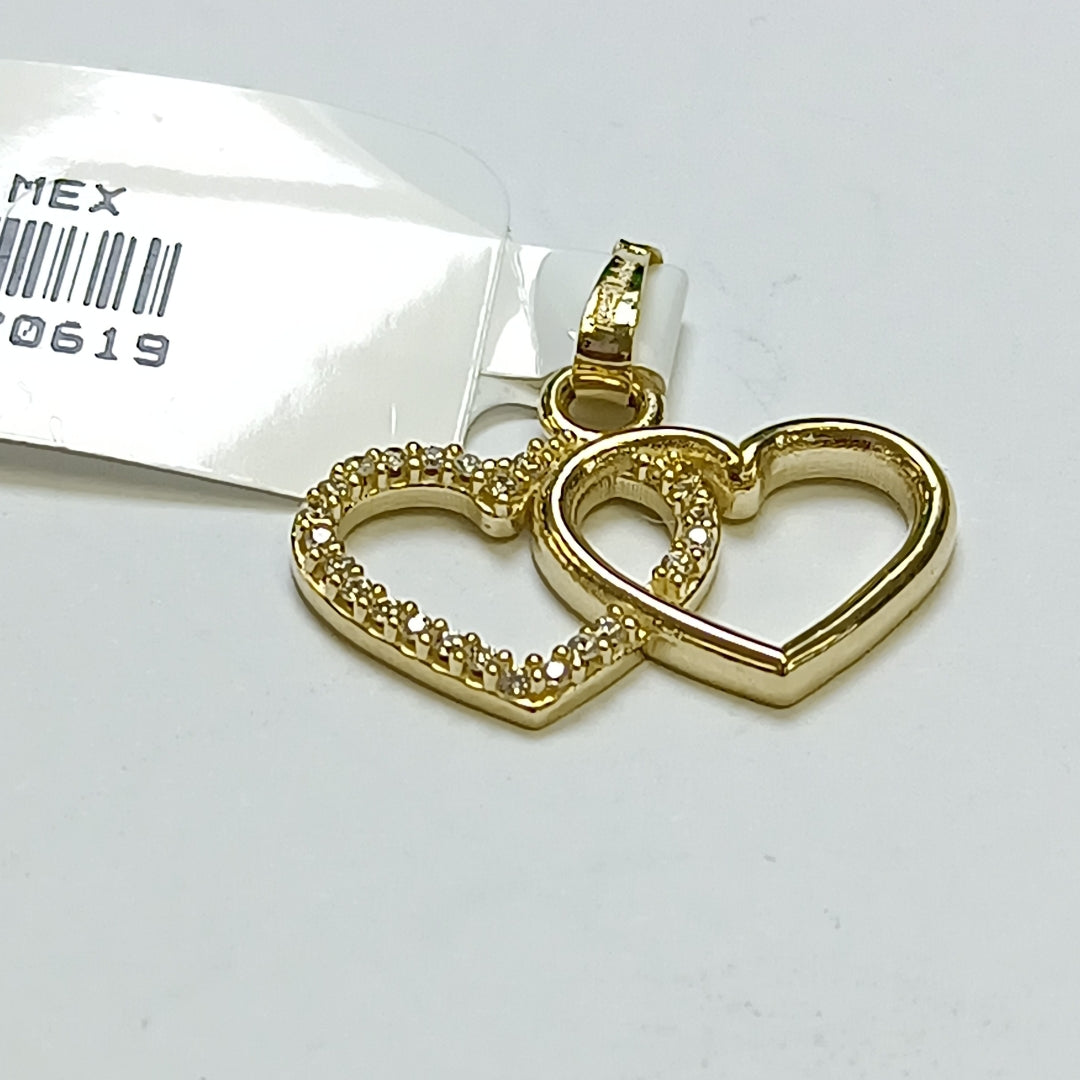 DIJE TEJIDO DOS CORAZONES CON CIRCONIAS 14K 1.4 GR (NUEVO)