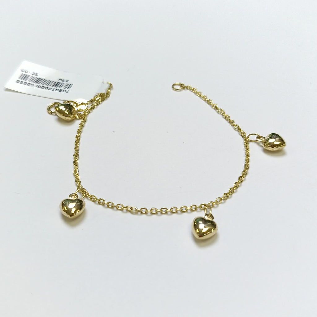 PULSERA ESP CON FIG CORAZONES 14K 18 CM 1.8 GR (NUEVO)