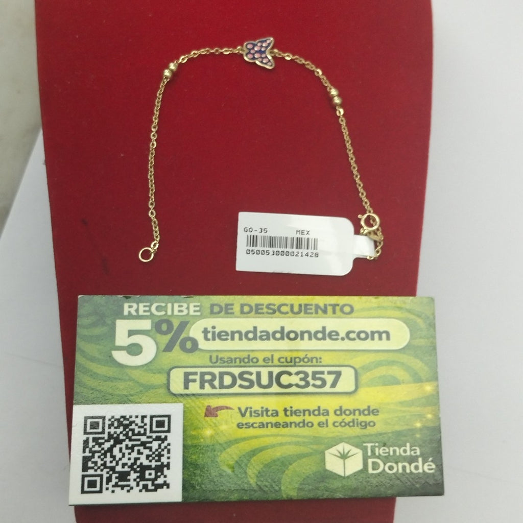 PULSERA TEJIDO ESPECIAL MARIPOSA CON ESMALTE 14K 18 CM 1.9 GR (NUEVO)