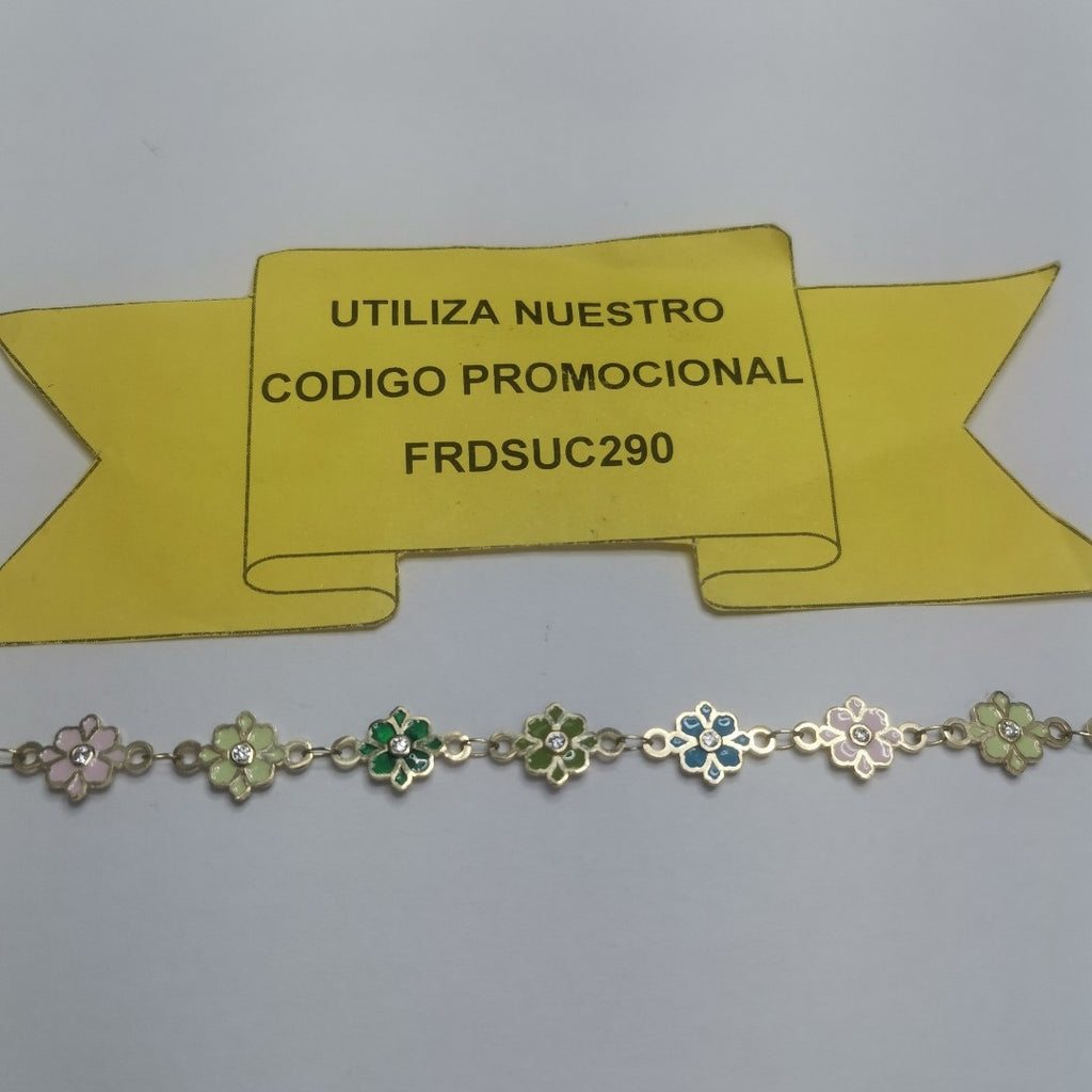 PULSERA ESPECIAL FLORES CON ESMALTE 14K 18 CM 4.5 GR (NUEVO)