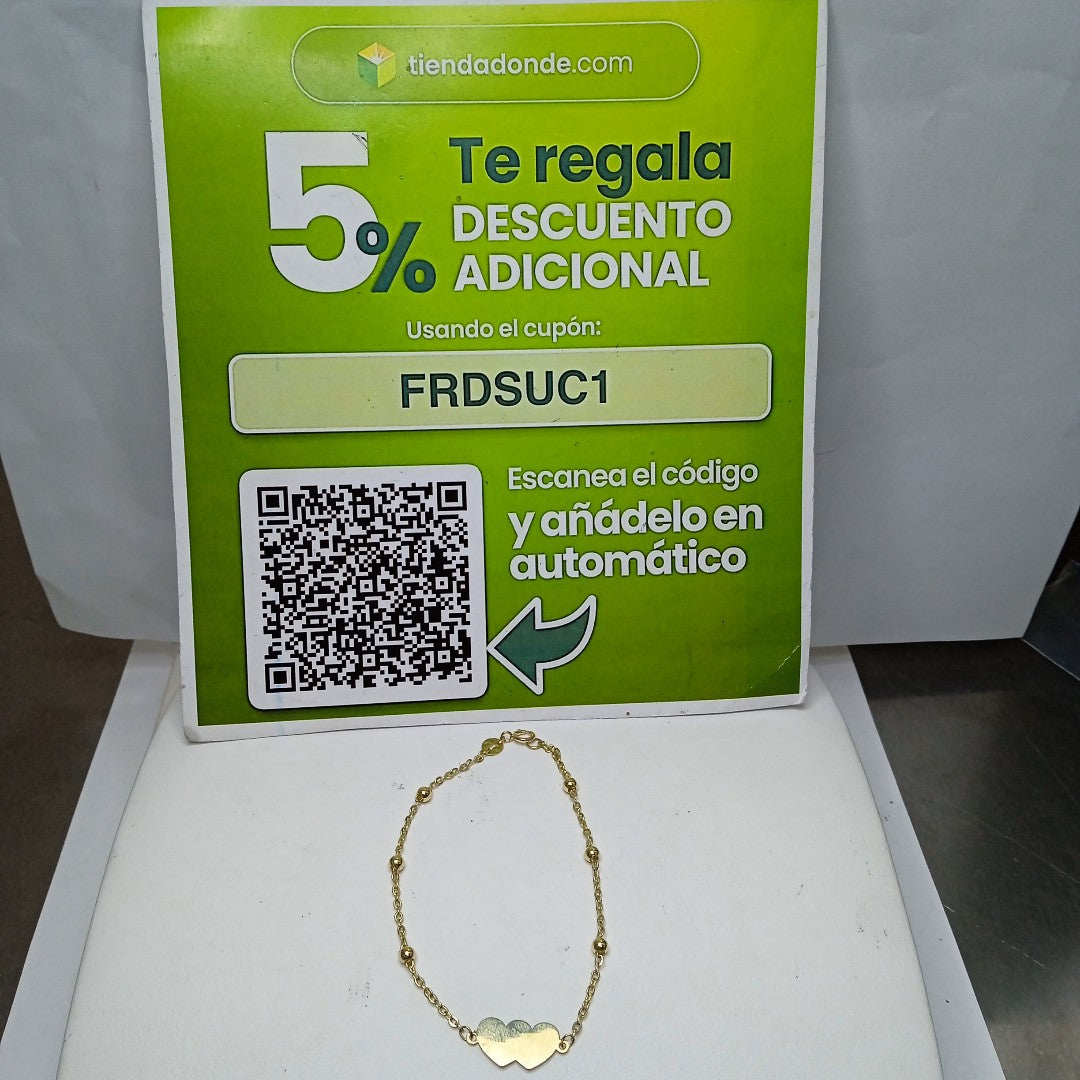 PULSERA TEJIDO ESPECIAL CON DOS CORAZONES 14K 18 CM 1.7 GR (NUEVO)