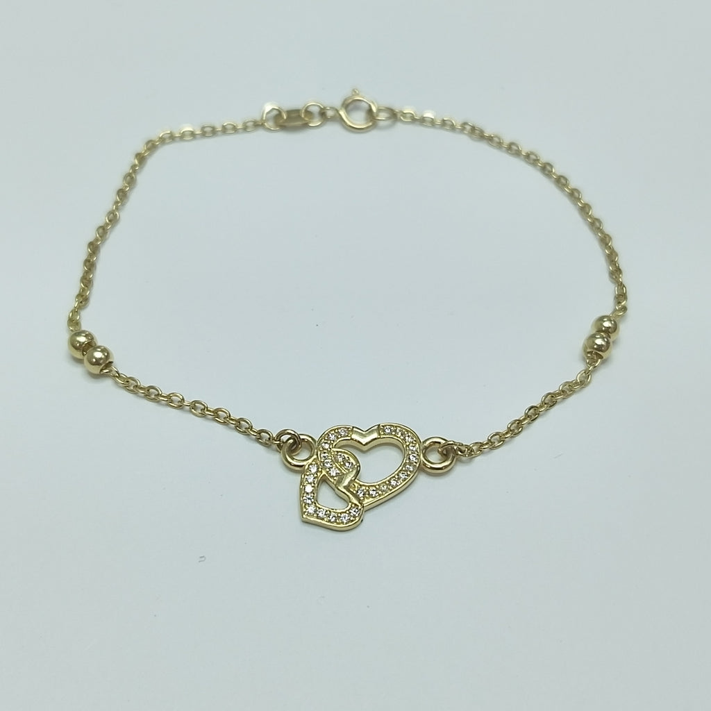 PULSERA TEJIDO ESPECIAL CORAZONES CON CIRCONIAS 14K 18 CM 2.4 GR (NUEVO)