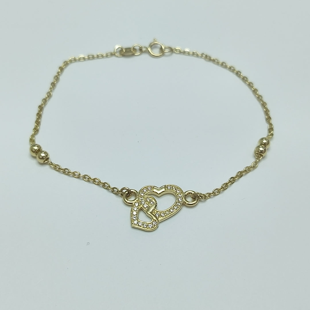 PULSERA TEJIDO ESPECIAL CORAZONES CON CIRCONIAS 14K 18 CM 2.4 GR (NUEVO)