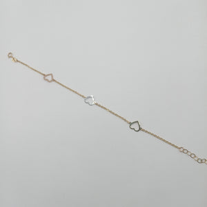 PULSERA ESPECIAL CON CORAZONES CONBINADOS 14K 18 CM 1.7 GR (NUEVO)