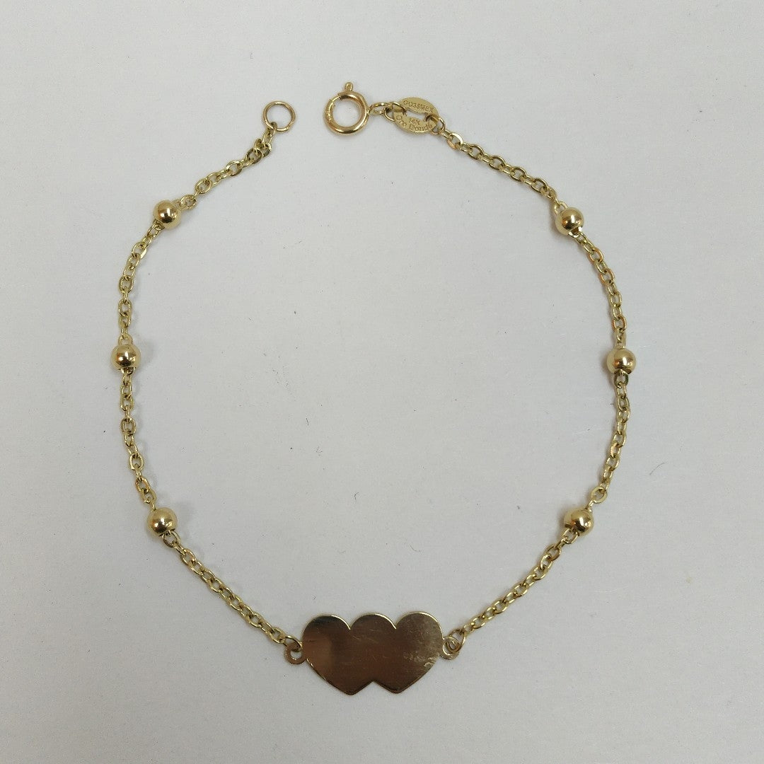 PULSERA TEJIDO ESPECIAL CON DOS CORAZONES 14K 18 CM 1.7 GR (NUEVO)