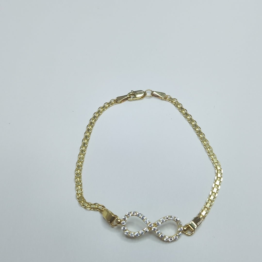 PULSERA TEJIDO ESPECIAL CON INFINITO Y CIRCONIAS 14K 18 CM 3.3 GR (NUEVO)