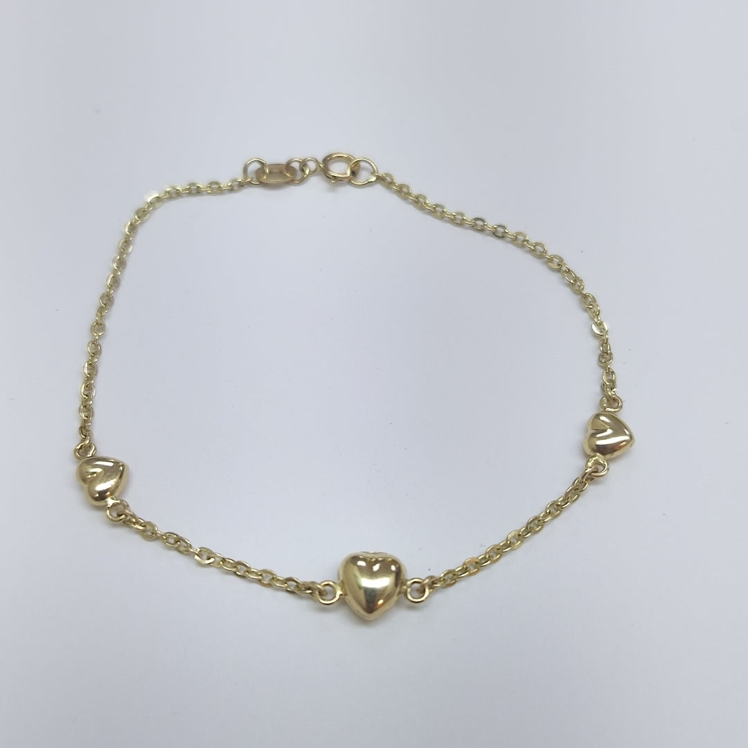 PULSERA TEJIDO ESPECIAL CON CORAZONES 14K 18 CM 1.7 GR (NUEVO)