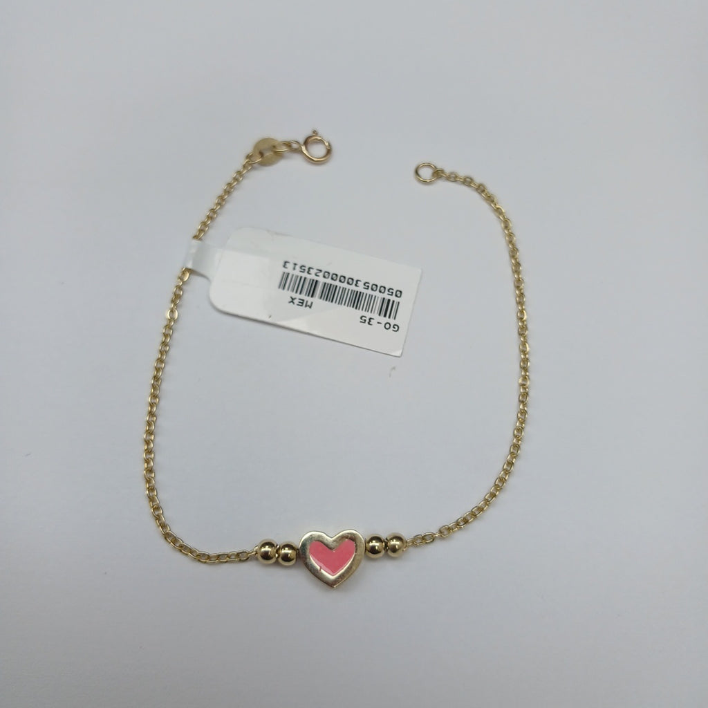PULSERA TEJIDO ESPECIAL CON FIGURA CORAZON CON ESMALTE ROSA 14K 18 CM 1.9 GR (NUEVO)