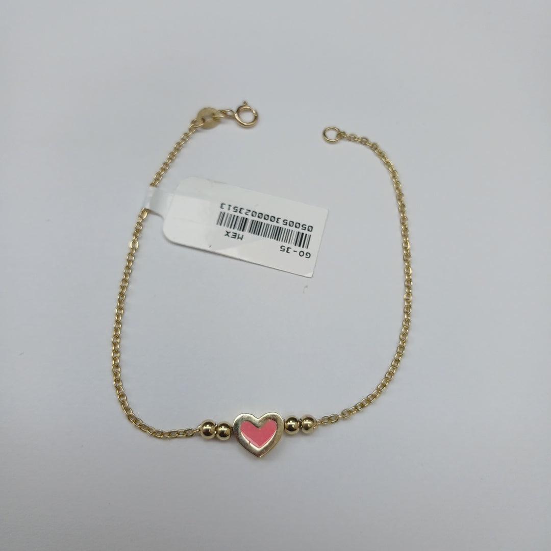 PULSERA TEJIDO ESPECIAL CON FIGURA CORAZON CON ESMALTE ROSA 14K 18 CM 1.9 GR (NUEVO)