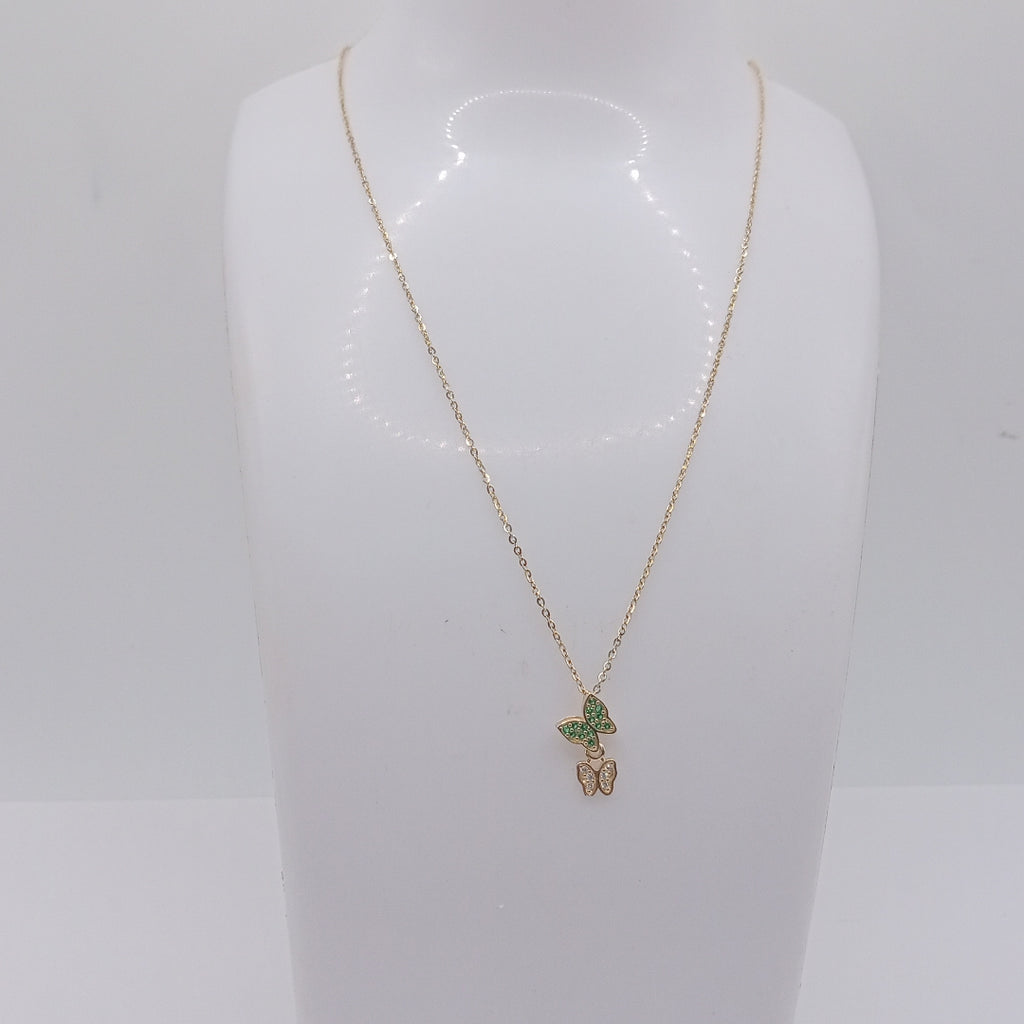 CADENA TEJIDO GARGANTILLA CON DIJE MARIPOSAS CIRCONIAS Y PIEDRAS DE COLOR 14K 45 CM 1.9 GR (NUEVO)