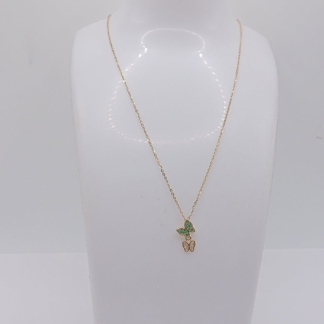 CADENA TEJIDO GARGANTILLA CON DIJE MARIPOSAS CIRCONIAS Y PIEDRAS DE COLOR 14K 45 CM 1.9 GR (NUEVO)