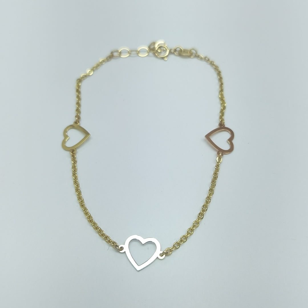 PULSERA ESPECIAL CON CORAZONES CONBINADOS 14K 18 CM 1.7 GR (NUEVO)