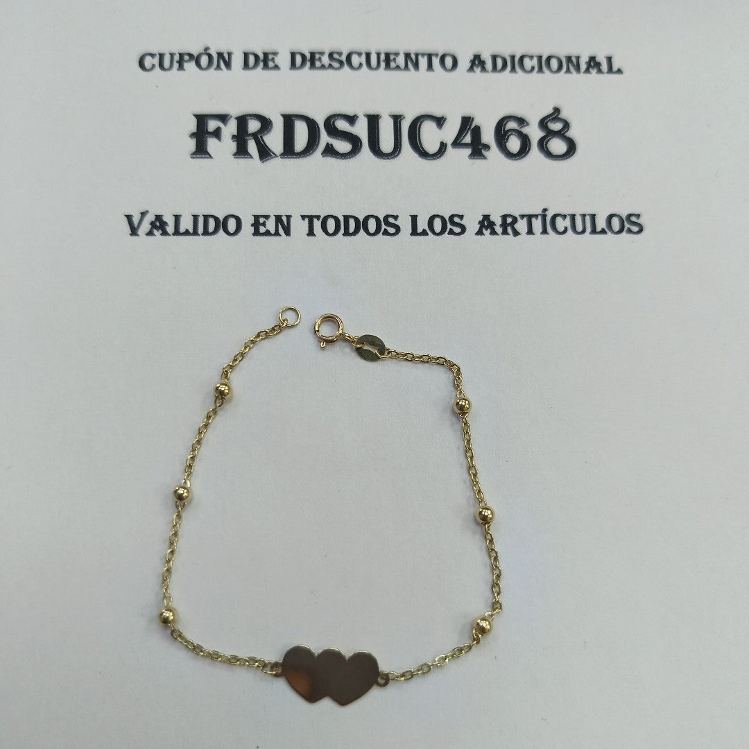 PULSERA TEJIDO ESPECIAL CON DOS CORAZONES 14K 18 CM 1.7 GR (NUEVO)